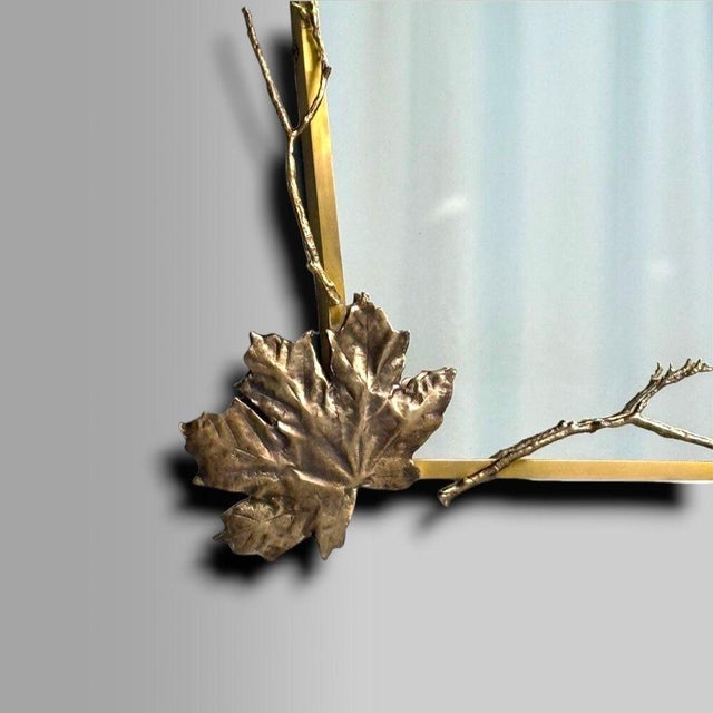 Modern Trapezoidal Bronze Wall Mirror, Branch and Leaf Motif, France, 21st C. For Sale - Image 4 of 8