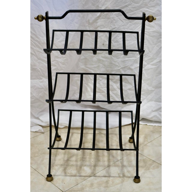 Magazine Rack or Bath Towel Holder Black Wrought Iron With Brass Accents. Vintage Italian flair with brass finials and...