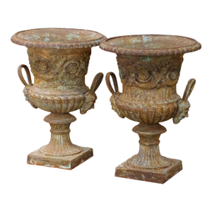 Pair of Early 20th Century French Painted Iron Urns With Figural Mask Handles