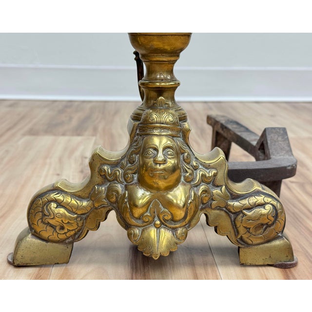 Antique French Baroque Brass Fireplace Andirons-Chenets, Pair For Sale - Image 4 of 7