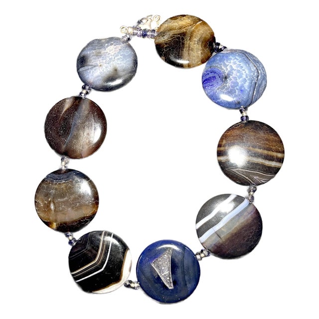 Gemstone Necklace From Botswana Africa Large Luminous Disc Beads in Blues, Sepias With Crystal Druzy, Outstanding For Sale