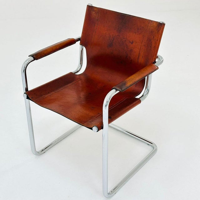 Metal Bauhaus Italian Visitor Chair in Congac Leather by Marcel Breuer, 1980s For Sale - Image 7 of 11