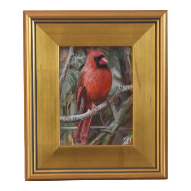 Red Cardinal Bird Portrait Painting Including the Antiqued Gold Wood Frame For Sale