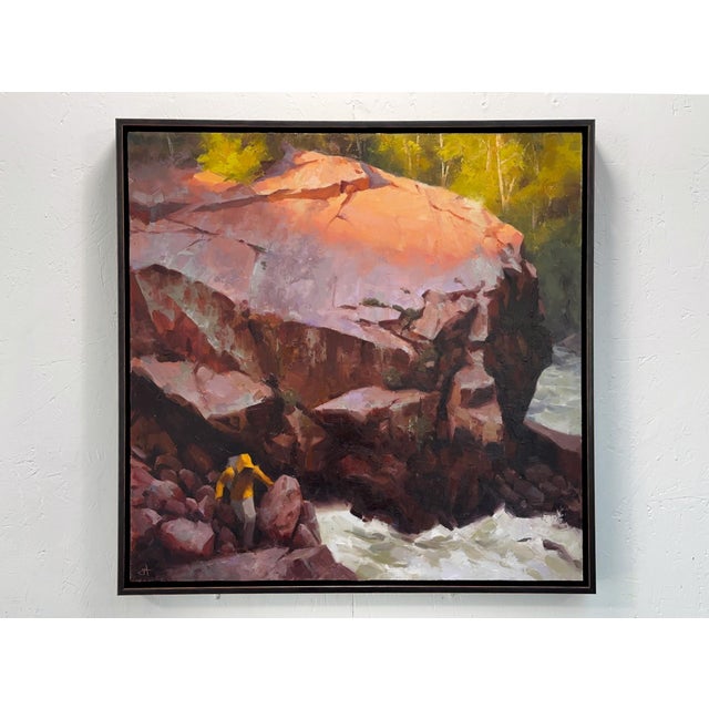 Contemporary Granite Resolve by Judd Mercer | Oil on wood panel Landscape with a figure near a large rock formation. For Sale - Image 3 of 3