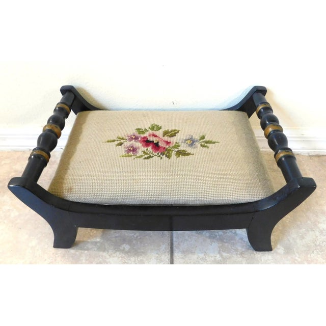 Vintage Mid-Century Hitchcock Black & Gold Floral Needlepoint Footstool For Sale - Image 9 of 14
