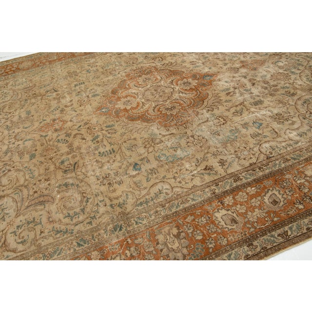 Persian Antique Handmade Persian Tabriz Wool Rug in Light Brown Color For Sale - Image 3 of 10