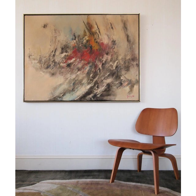 -Original Vintage ABSTRACT EXPRESSIONIST PAINTING 37x49" Oil / Canvas Framed, Large Impasto Textured Mid-Century Modern...