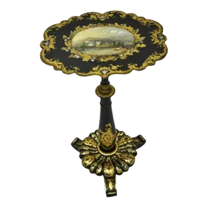 Antique 19th C. Victorian Papier Mache Mother of Pearl Inlay Pedestal Side Table