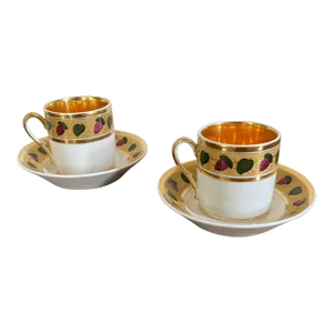 Antique Early 19th Century French Empire Paris Porcelain Coffee Cans or Demitasse Cups and Saucers - a Pair