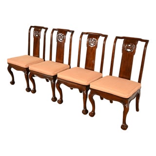Drexel Heritage Hollywood Regency Chinoiserie Sculpted Mahogany Dining Chairs, Set of Four For Sale
