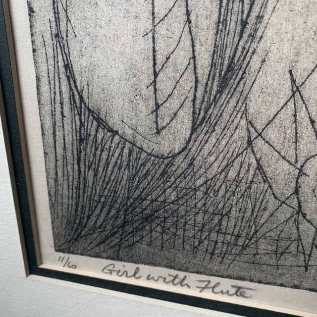 Mid 20th Century Mid 20th Century "Girl with Flute" Abstract Figurative Woodcut Print by Irving Amen, Framed For Sale - Image 5 of 13