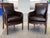 An exquisite pair of antique, handcrafted French Empire armchairs - reimagined in brown vegan leather and silk velvet...