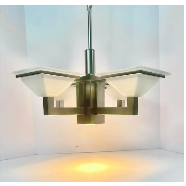 Early 21st Century 5-Light Postmodern Mission Style Chandelier in Brushed Nickel Finish For Sale - Image 4 of 10