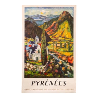 1959 French Travel Poster - Pyrénées, Village and Mountains - Société Nationale Des Chemins De Fer Français For Sale
