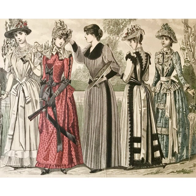 Figurative Antique French Fashion Print 1890 Hand Colored Etching For Sale - Image 3 of 7