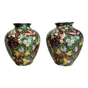 Mid Century Chinoiserie Ceramic Glazed Multi Colored Silver Base Ginger Jars, a Pair