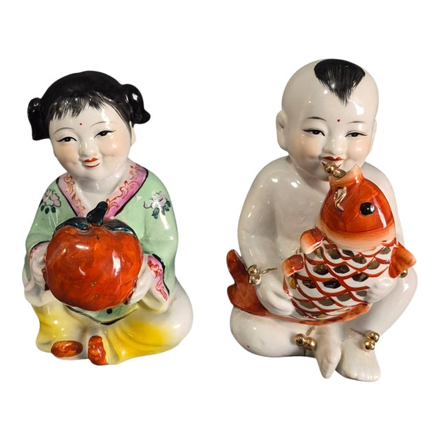 Vintage Pair Asian Hand Painted Porcelain Lucky Children Longevity Feng-Shui Figurines For Sale