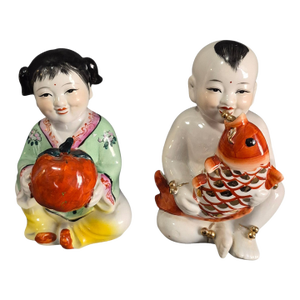Vintage Pair Asian Hand Painted Porcelain Lucky Children Longevity Feng-Shui Figurines