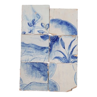 18th Century Portuguese Hand-Painted Landscape Tiles Featuring Botanical Motifs in Cobalt Blue & White, Set of 6 For Sale