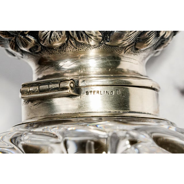 Metal Magnificent Antique Victorian Sterling Silver Repoussé Floral & Swirl Crystal Desk Paperweight Inkwell Luxury Home Decor For Sale - Image 7 of 14