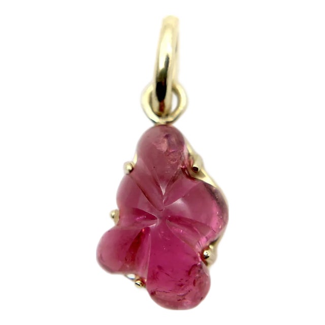 1990s 14k Gold Hand-Carved Pink Tourmaline Flower Charm For Sale