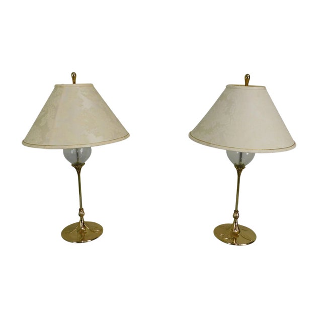 Vintage Quoizel Brass and Glass Foliate Table Lamps W/Shades - a Pair For Sale