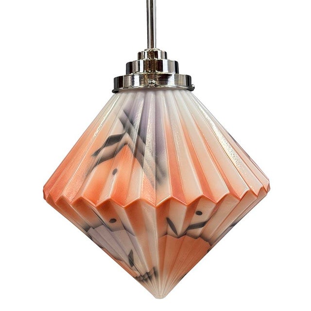 Bauhaus Art Deco Pendant Light with Pressed Orange Glass Shade, 1930s For Sale - Image 3 of 5