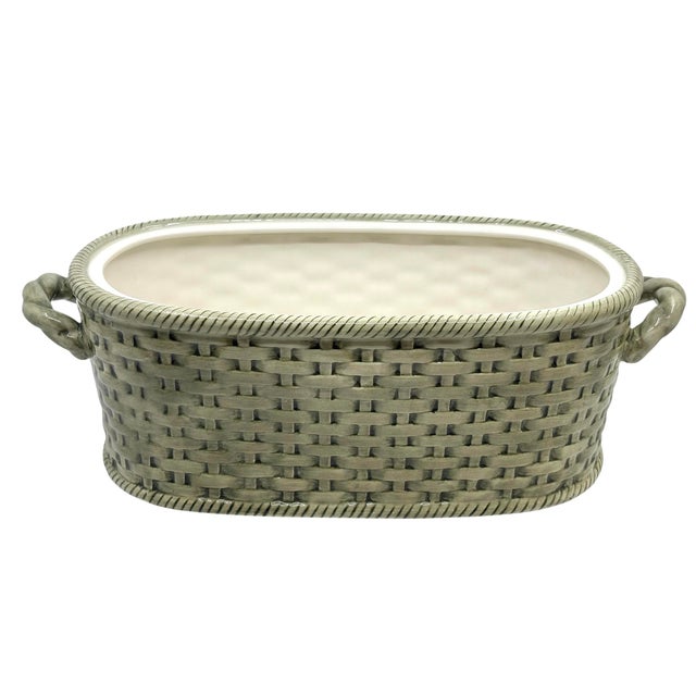 Vintage light green / grey basketweave cachepot or planter. Add florals to this piece to display. Ceramic decorative piece...