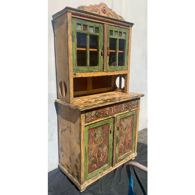 Rustic European 1871 Scandinavian Folk Art Step-Back Cupboard With Original Decorative Glass For Sale - Image 3 of 13