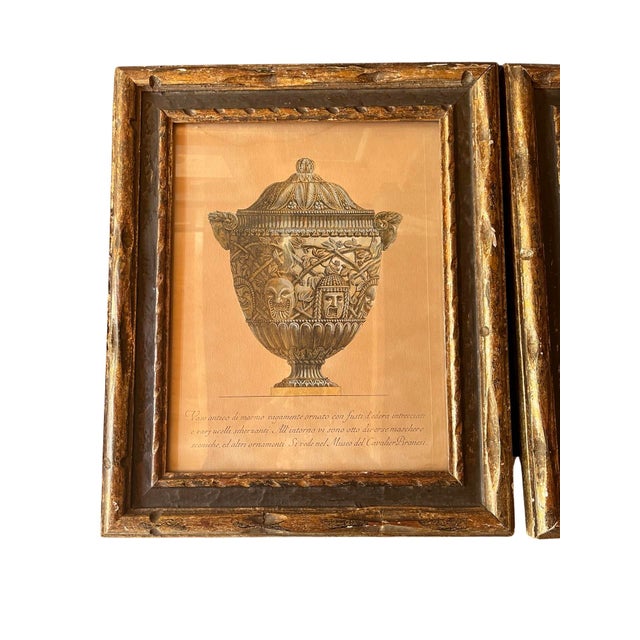Set /2 Antique Original Architectural Urn Rough cut particle board prints in original gilt wooden frames Stunning...