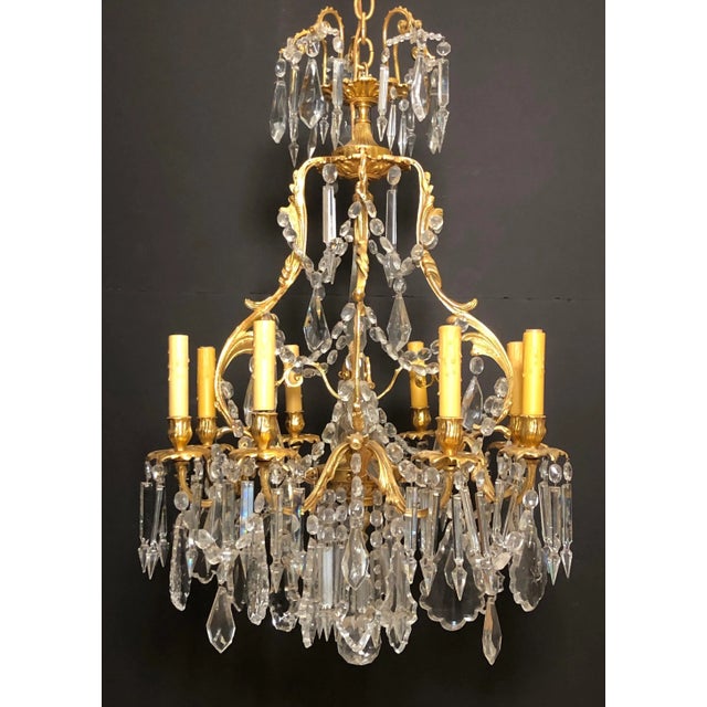 French Pair of 19th Century French Louis XV Gilt Bronze and Crystal Chandeliers For Sale - Image 3 of 8