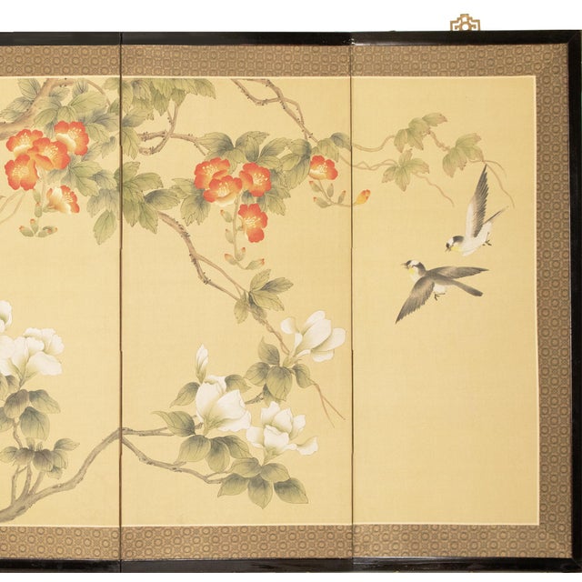Japanese C. 1980s Maitland Smith, Painted Folding Screen "Magnolia and Sparrows" For Sale - Image 3 of 18