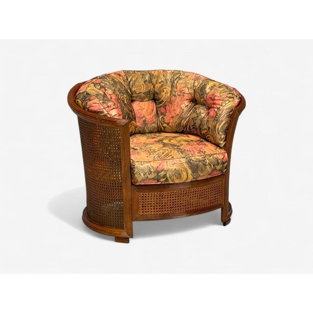 Traditional, Cane, Walnut, Barrel Back Armchair, USA, 1980s A single barrel back walnut and cane armchair designed and...