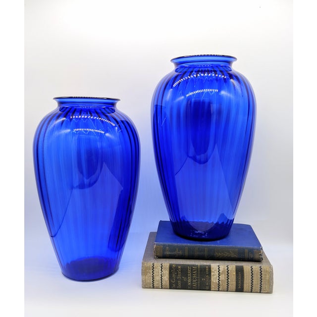 Large Vintage Anchor Hocking Cobalt Blue Ribbed Glass Vases a Pair