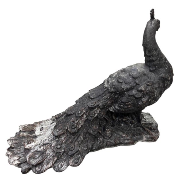2000 - 2009 Vintage Cast Iron Peacock Statue - Weathered Architectural Garden Sculpture For Sale - Image 5 of 12