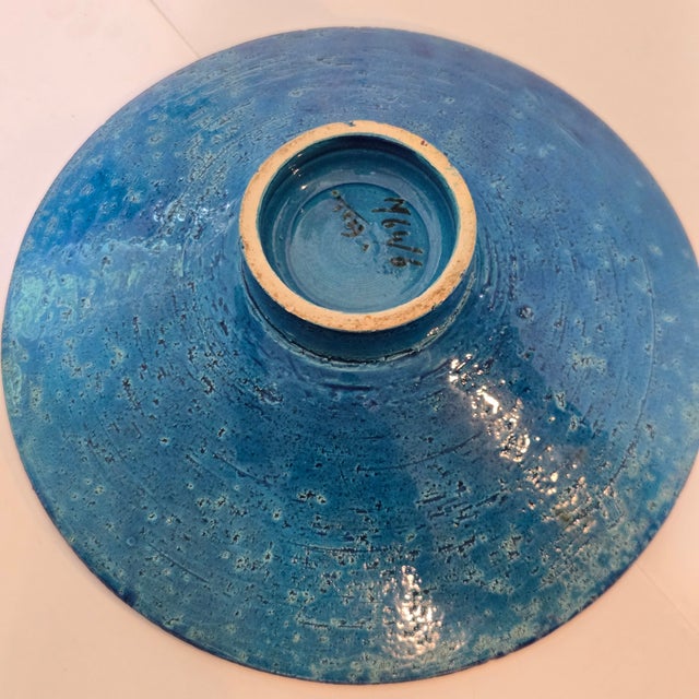 Bitossi Italy mid-century modern ceramic footed bowl showcases the iconic Rimini Blu glaze with a textured, sgraffito...