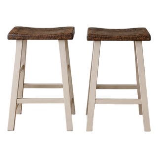 Pair of Mid 20th Century Modern Rustic Live Edge Wood Counter Stools With White Painted Bases For Sale