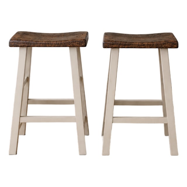 Pair of Mid 20th Century Modern Rustic Live Edge Wood Counter Stools With White Painted Bases For Sale
