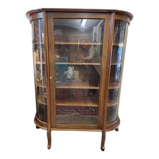 Antique Empire Bow Front Oak and Curved Glass Curio Cabinet Vitrine For Sale