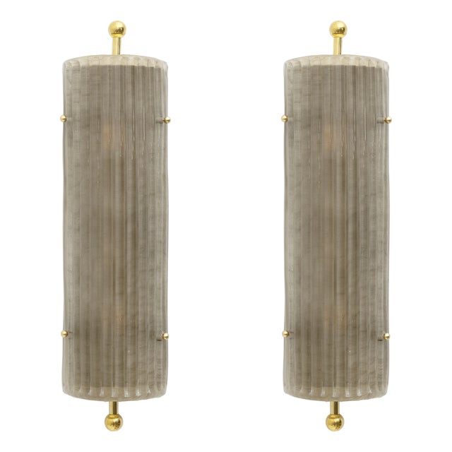 Art Deco Style Smoked Murano Glass and Brass Sconces, 2000, Set of 2 For Sale