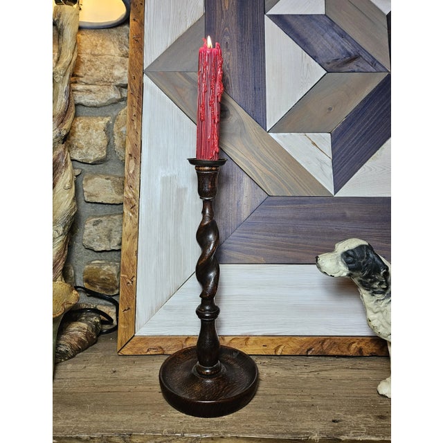 Pair of Antique English Oak Barley Twist Candlesticks For Sale - Image 4 of 14