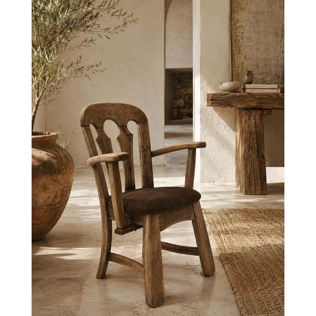 Brutalist Dutch Brutalist Oak Armchair with Leather Seat, 1970s For Sale - Image 3 of 16
