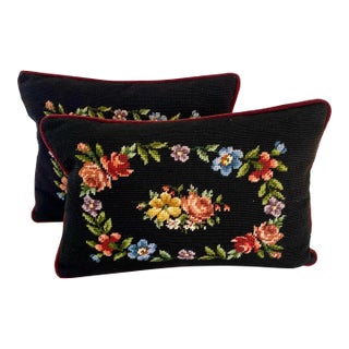 Vintage Floral Needlepoint Pillows in Black- a Pair For Sale