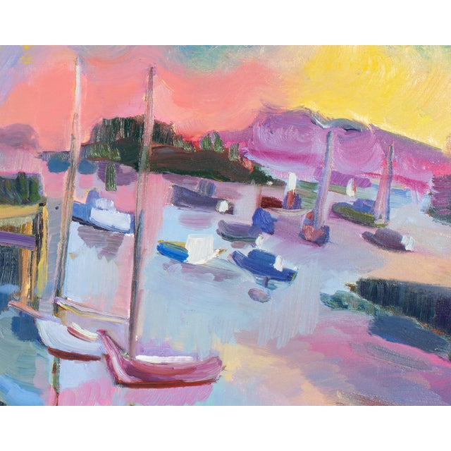 A 1994 oil on canvas painting by the Argentinian artist Esther Garcia Eder. Titled "Blue Harbor," this colorful work...