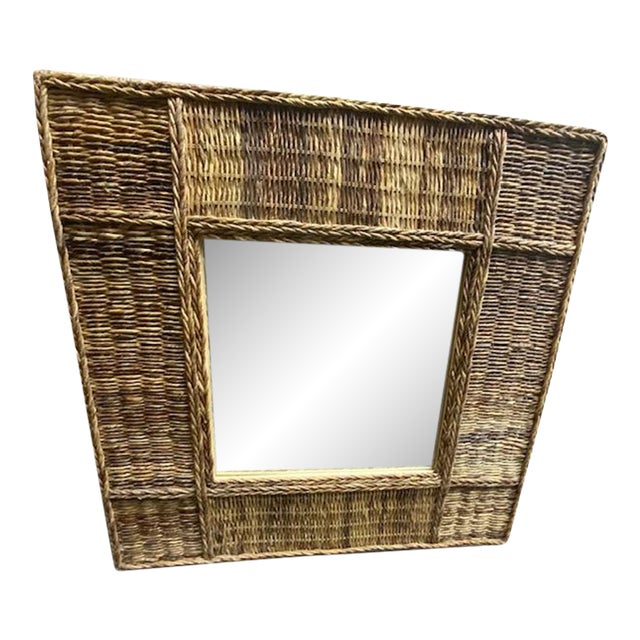 Large Vintage Square Abaca Woven Wall Mirror For Sale