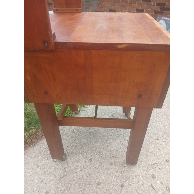 Vintage Butcher Block Work Table, With Hanging Rack, on Brass Castors For Sale - Image 13 of 15