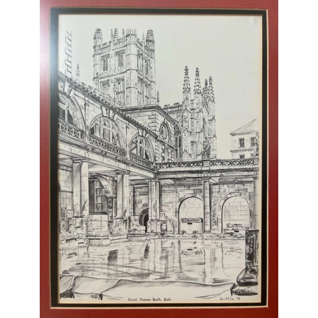1970's Framed English Illustrated Prints by Griffin: The Great Roman Bath and Bath Abby in England For Sale - Image 4 of 11