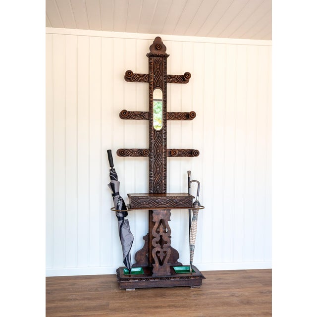Rustic Arts & Crafts Carved Oak Hall Stand, 1870 For Sale - Image 3 of 18