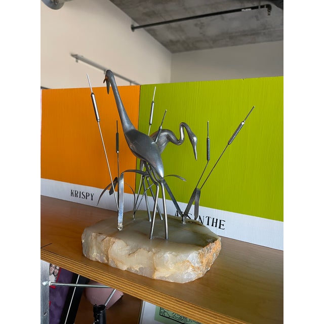 1970s 1970s Curtis Jere Heron Crane Chrome Metal Stone Sculpture Object For Sale - Image 5 of 12
