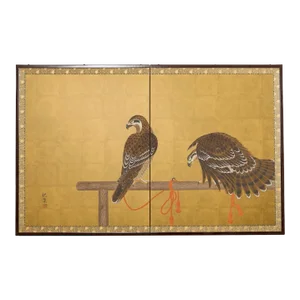Japanese Showa Two Panel Screen Pair of Tethered Hawks